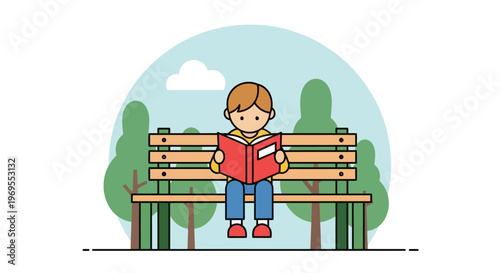 Illustration of a young boy sitting on a park bench and reading a book, enjoying a peaceful outdoor moment