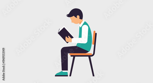 A young boy sitting on a chair reading a book, illustration of education and knowledge