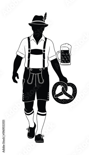 Vector silhouette of a man dressed in traditional bavarian lederhosen holding a stein of beer with a large pretzel