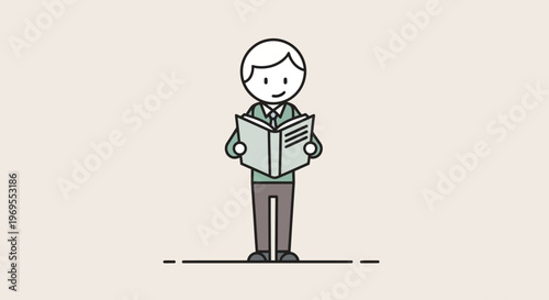 A person with short hair, wearing a collared shirt and pants, stands and reads an open book with a light green cover