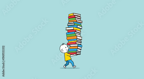 A determined little character carries a towering stack of colorful books, symbolizing the demanding yet rewarding journey of education, knowledge acquisition, and academic learning