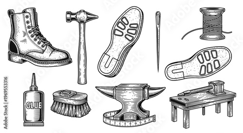 Vintage Shoemaking and Cobbler Repair Tools Illustration
