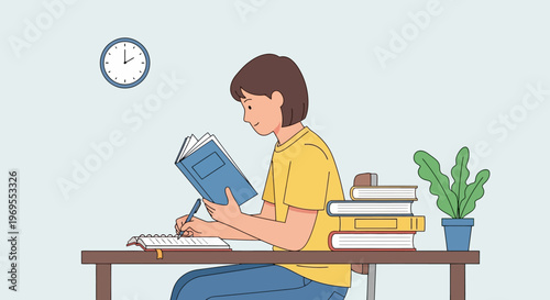 Young student diligently studying and writing in a notebook at a desk, with books and a plant nearby, under a clock on the wall