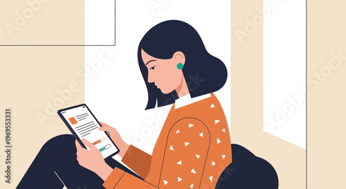 Modern woman deeply engaged with a digital tablet, symbolizing the concept of effortless information access, remote work, or personal learning in today's connected lifestyle