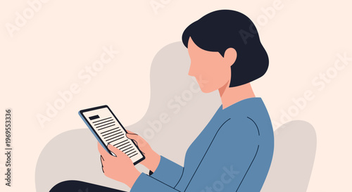 Minimalist illustration of a young woman absorbed in reading a digital book on a tablet, symbolizing modern education, digital literacy, and personal development
