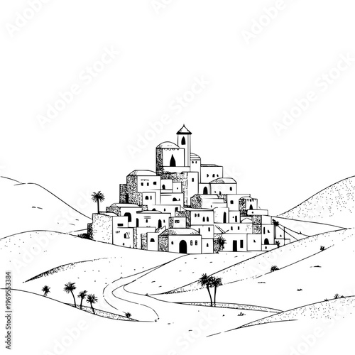 Desert village with white buildings and palm trees on rolling hills black and white illustration