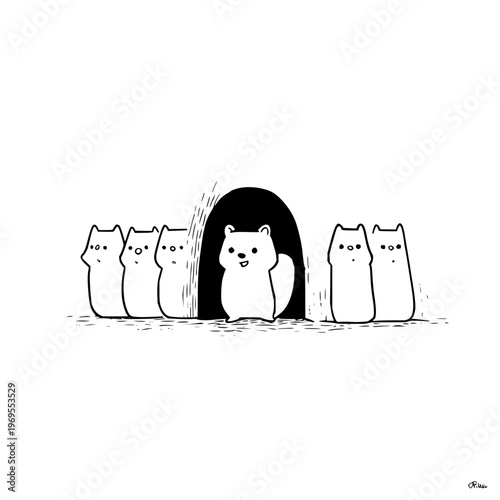 Group of cartoon cats standing in line with one entering a tunnel black and white illustration