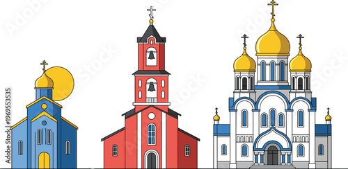 Colorful Line Art Illustrations of Various Church Designs with Crosses and Domes for Religious Architecture and Building Concepts