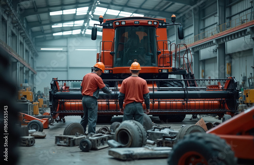 Two men in orange shirts, hard hats assemble agricultural harvester inside large factory. Work together on large machinery, focusing on cutting head of combine. Various parts, wheels scattered around