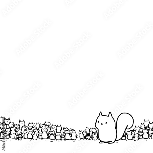 A lone cartoon squirrel sits amidst a crowd of smaller cats all in simple line art on white background