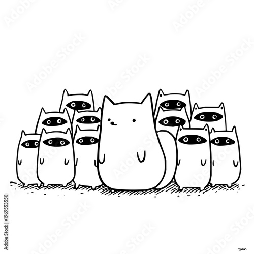 A large white cartoon cat surrounded by smaller black eyed cats in a group standing on ground with a white background