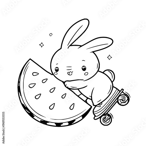 Cute cartoon rabbit on skateboard eating watermelon slice with sparkles black and white illustration