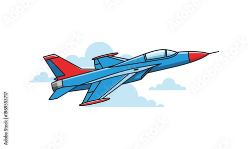 Jet fighter aircraft flying through blue clouds cartoon vector design.