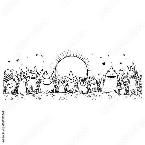 A group of cute monsters standing in front of a sun with rays and bubbles around them in a black and white illustration