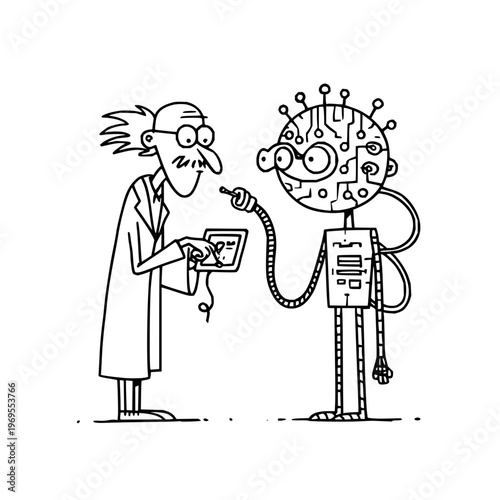 Cartoon scientist and robot discussing technology with circuit board head and lab equipment