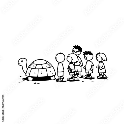 Children in line following a turtle black and white illustration educational concept kids learning slow and steady simple cartoon style