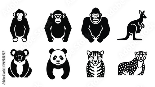 A collection of eight different animal silhouettes including primates marsupials and big cats in black and white silhouette high quality professional