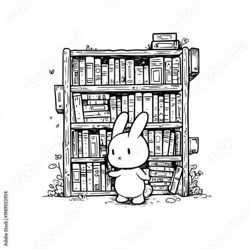 Cute cartoon rabbit standing in front of a tall bookshelf with books and flowers black and white illustration