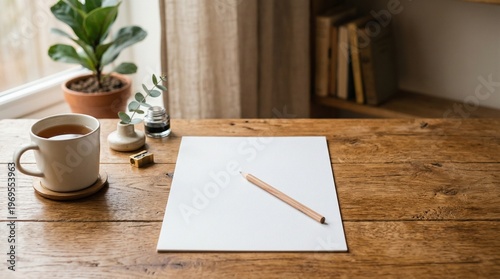 Cozy Desk Setup: Tea, Paper, Pencil, Plant, Books - Creative Workspace