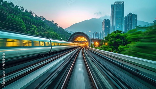 High-speed train enters tunnel, fast commute to modern city during sunset.