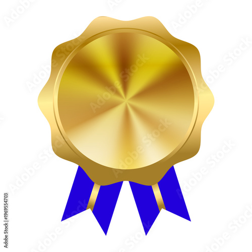 A golden award medal with a blue ribbon, symbolizing achievement and recognition