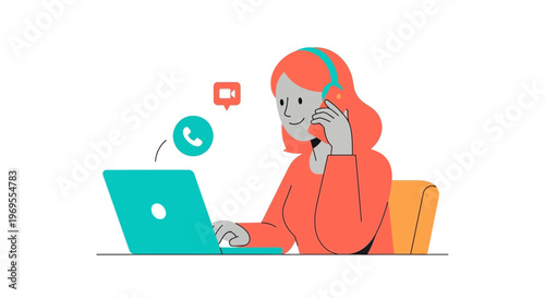 Happy Remote Worker Multitasking, Energetic Flat Art Style