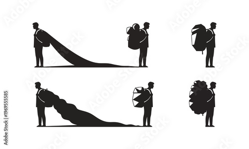 Silhouette collection of backpacker hikers with different bag sizes.