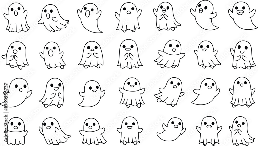 Fototapeta premium Cute ghost doodle collection with different expressions simple line art spooky cartoon characters halloween vector illustration set