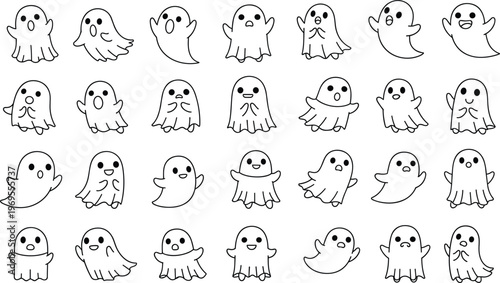 Cute ghost doodle collection with different expressions simple line art spooky cartoon characters halloween vector illustration set