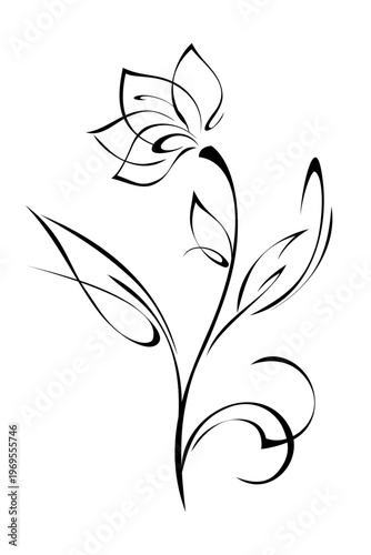 stylized blossoming flower on a curved stem with leaves and curls; graphic design