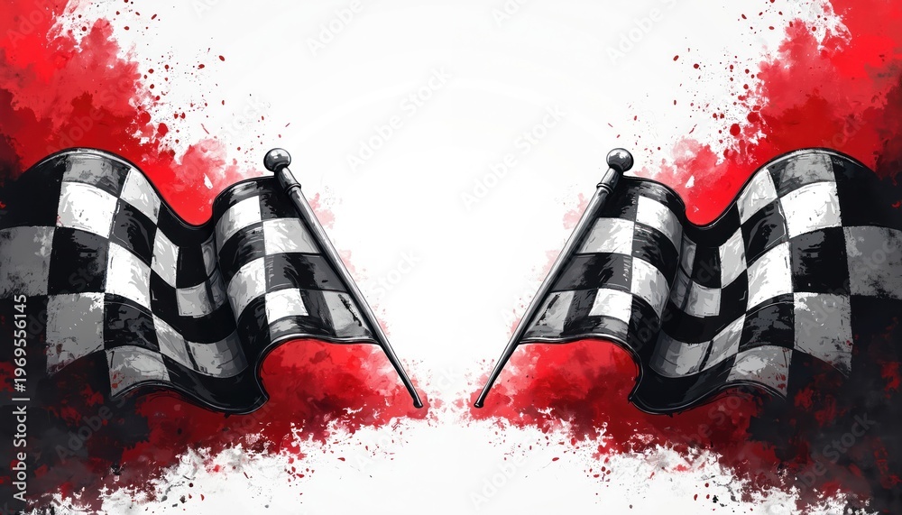 Fototapeta premium Two checkered flags wave dynamically with red ink splashes and white background. Symbolizes competition victory and finish line achievement.