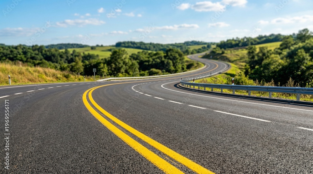 Fototapeta premium Winding Asphalt Road Through Green Rolling Hills Under a Blue Sky