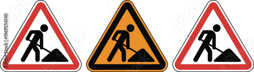 Roadwork warning signs set, essential construction safety icons featuring under construction road sign man digging symbol and work in progress alerts.