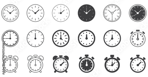 Clock Icons Collection in Thin Line and Glyph Solid Styles, Time Management Symbols Set Featuring Alarm, Stopwatch, Timer and Watch Icons, Clean Vector Illustration for Web, UI and App Design