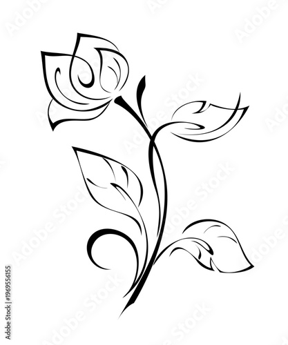 stylized blossoming flower on a curved stem with leaves and curls; graphic design