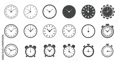 Clock Icons Collection in Thin Line and Glyph Solid Styles, Time Management Symbols Set Featuring Alarm, Stopwatch, Timer and Watch Icons, Clean Vector Illustration for Web, UI and App Design