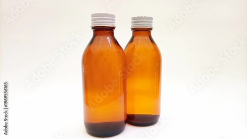 Amber glass bottles with cap rotating on white background, brown glass bottles for pharmaceuticals, syrups, essential oils, and cosmetics