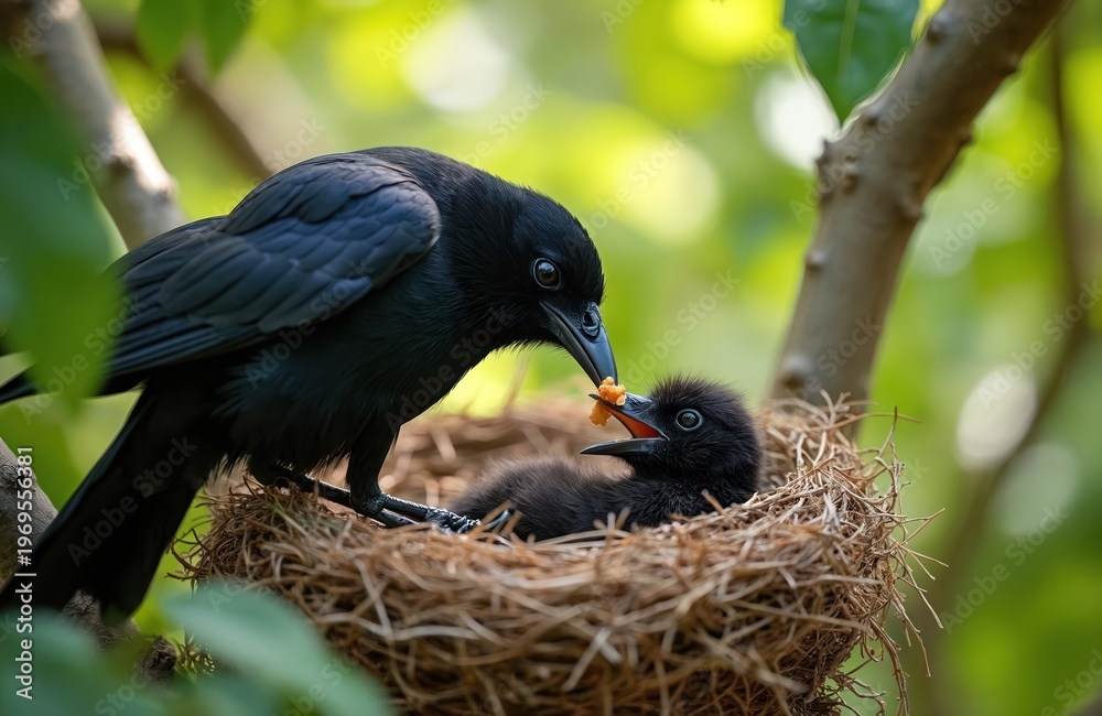 Fototapeta premium Adult crow feeds small baby bird in twig nest. Parent bird puts food in chick beak. Nestling waits for meal on tree branch. Cute young animal life.