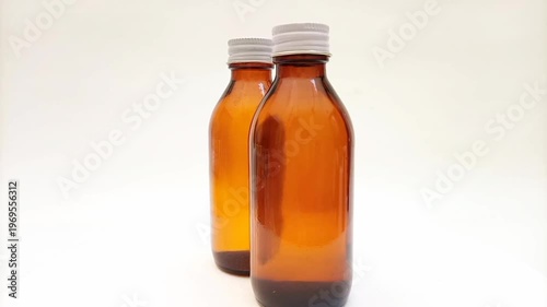 Amber glass bottles with cap rotating on white background, brown glass bottles for pharmaceuticals, syrups, essential oils, and cosmetics