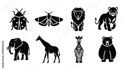 A collection of diverse animal silhouettes including insects mammals and a giraffe presented in a stark black style silhouette high quality