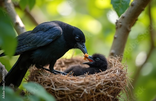 Adult crow feeds small baby bird in twig nest. Parent bird puts food in chick beak. Nestling waits for meal on tree branch. Cute young animal life.