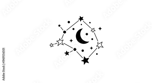 Black and white crescent moon stars.