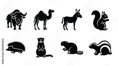 A collection of diverse animal silhouettes including a bison camel donkey and squirrel presented in black and white silhouette high quality