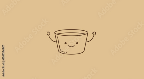 Cartoon bucket with arms and a smiling face on a beige background