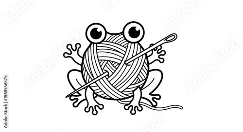 Cartoon frog with yarn ball and needle black and white vector illustration