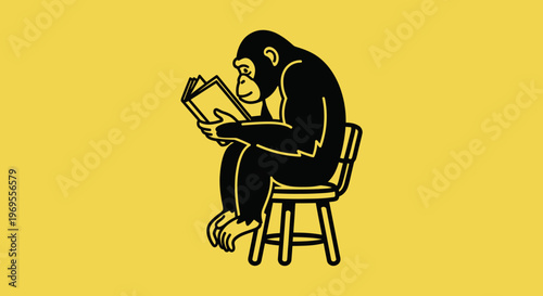 Cartoon chimpanzee reading book while seated on stool against yellow backdrop