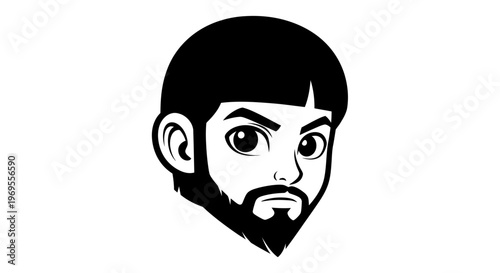 Cartoon portrait of a man with beard and focused gaze on a white background