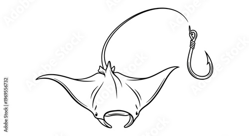 Black and white illustration of a manta ray hooked by a fishing hook