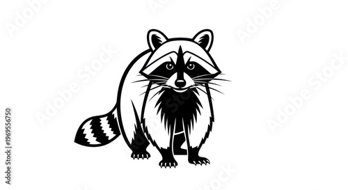 Black and white illustration of a raccoon standing upright on white background