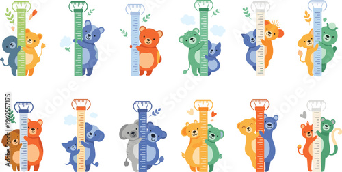 Flat vector collection of cute animal character mascots measuring height with colorful rulers featuring bears, lions, and cats on white background.